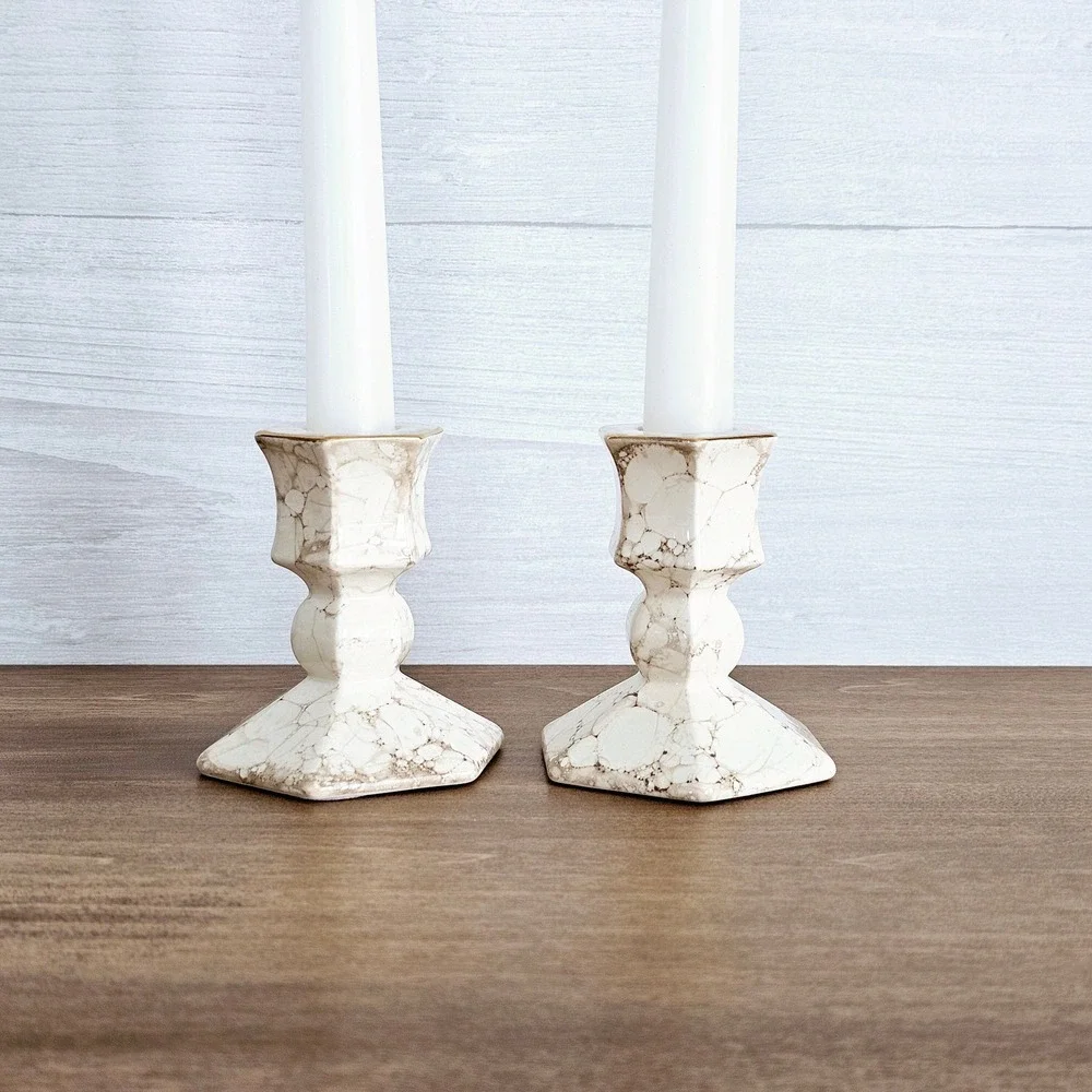 Vintage PartyLite Set of 2 Tan Gold And Beige Marble Look Candlestick Holders